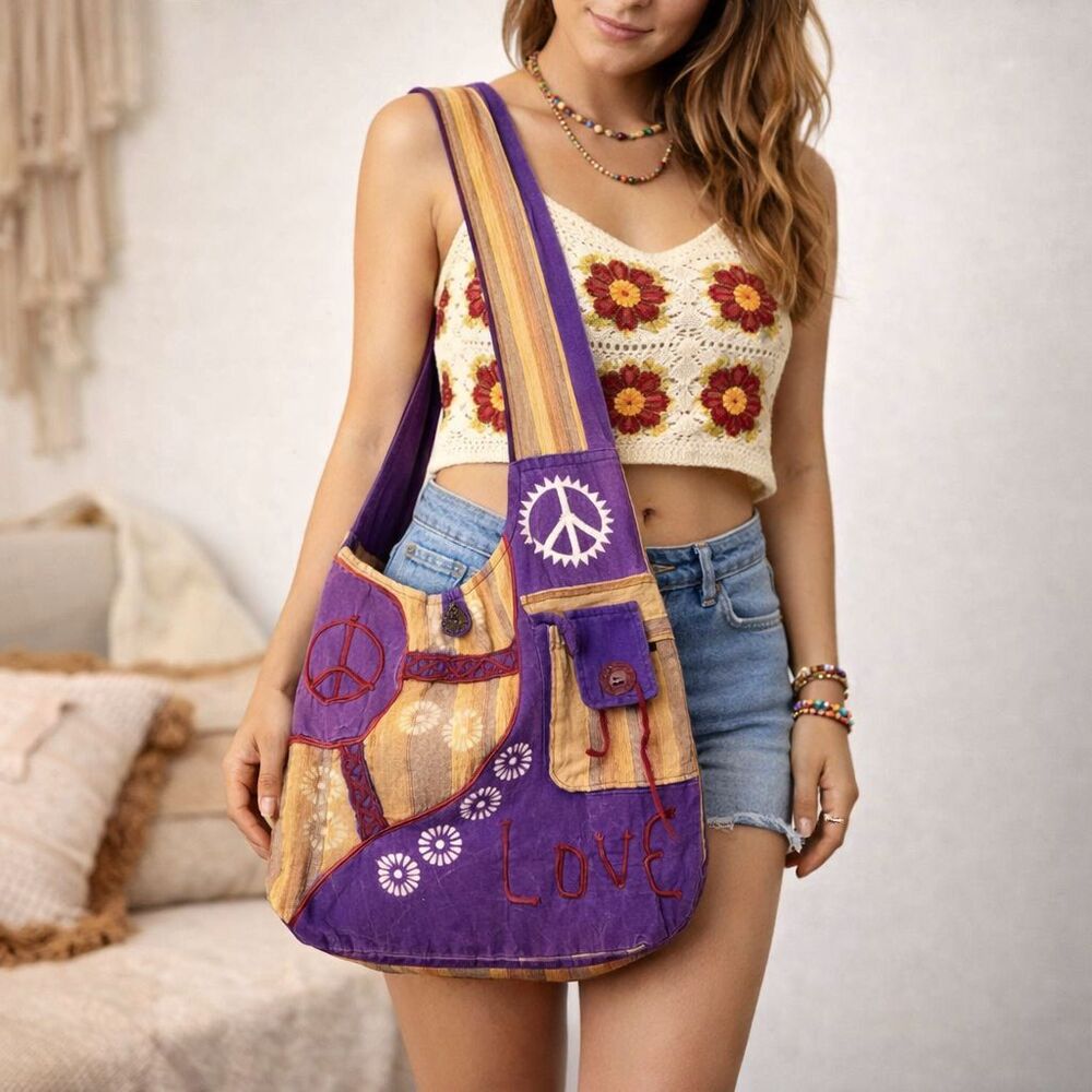 Hippie Peace Sign Crossbody Hobo Bag Funky Fabric Purse Retro Handmade Nepal